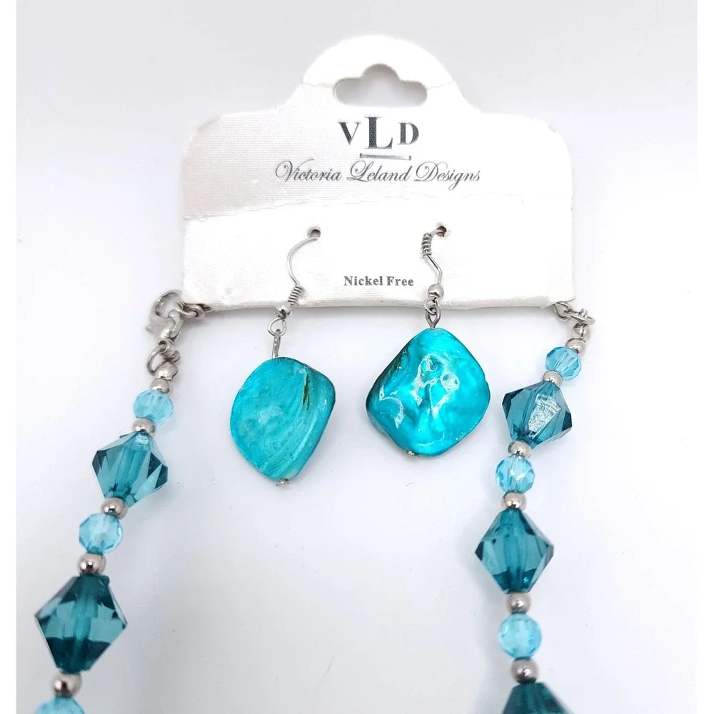 Victoria Leland Teal Beaded Necklace Earring Set Boho 18in - Picture 2 of 5